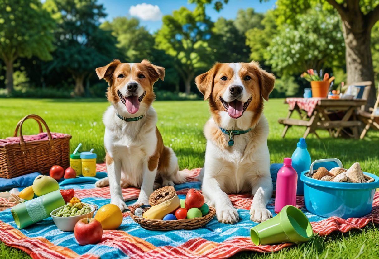 A warm and inviting scene of a happy dog playing in a lush park, surrounded by pet care essentials like food bowls, toys, and health information brochures scattered on a picnic blanket. Include a diverse family interacting with the dog, showcasing love and care. Bright blue skies and vibrant greenery enhance the atmosphere of wellness and joy. super-realistic. vibrant colors. 3D.