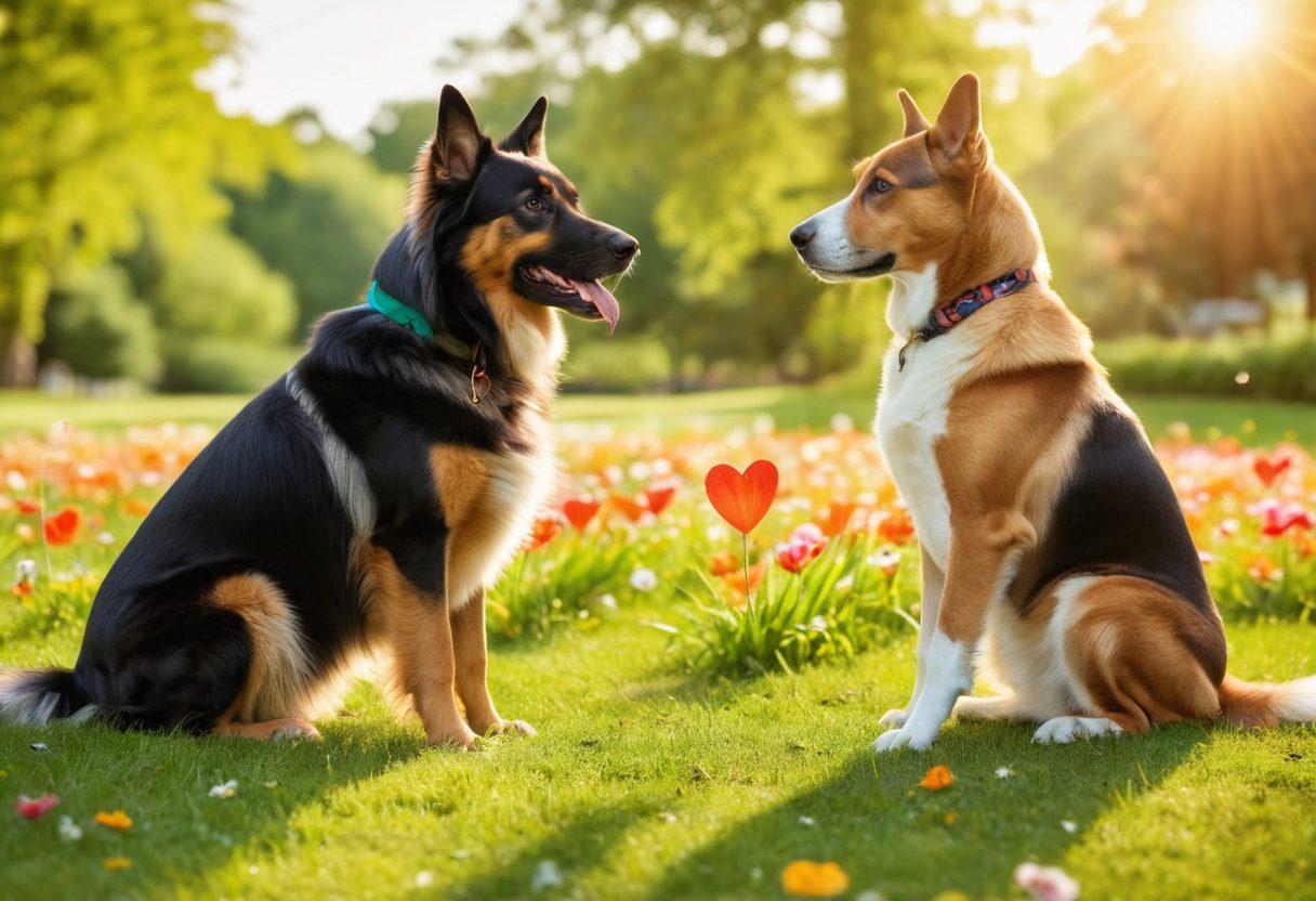 A loving dog owner kneeling beside a happy dog in a sunny park, surrounded by heart shapes symbolizing love and protection, with visual elements representing insurance coverage such as a shield and paw prints integrated into the background. The scene should convey warmth and companionship, capturing the essence of caring for a beloved pet. vibrant colors. super-realistic.