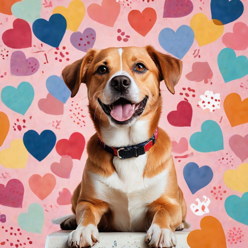 A cheerful dog with bright, expressive eyes, playfully surrounded by symbols of love like hearts and paw prints. In the background, a collage of playful pet insurance documents and dollar signs with a soft, inviting color palette that evokes warmth and care. Emphasize affordability and happiness, showcasing a friendly atmosphere where pets and owners thrive together. super-realistic. vibrant colors. soft focus background.
